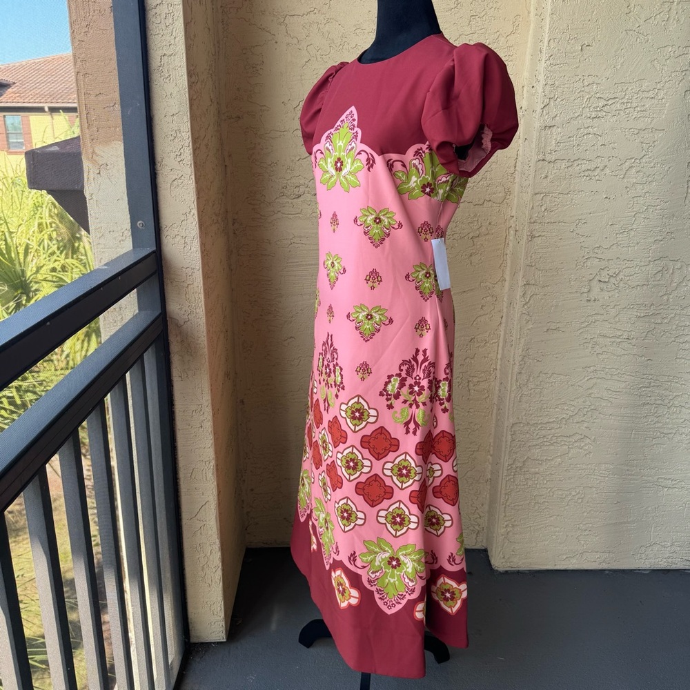 Mestiza New York Perla Flamingo Flourish Midi Dress Sz 8 Crew Neck Puff Sleeve - Picture 6 of 15